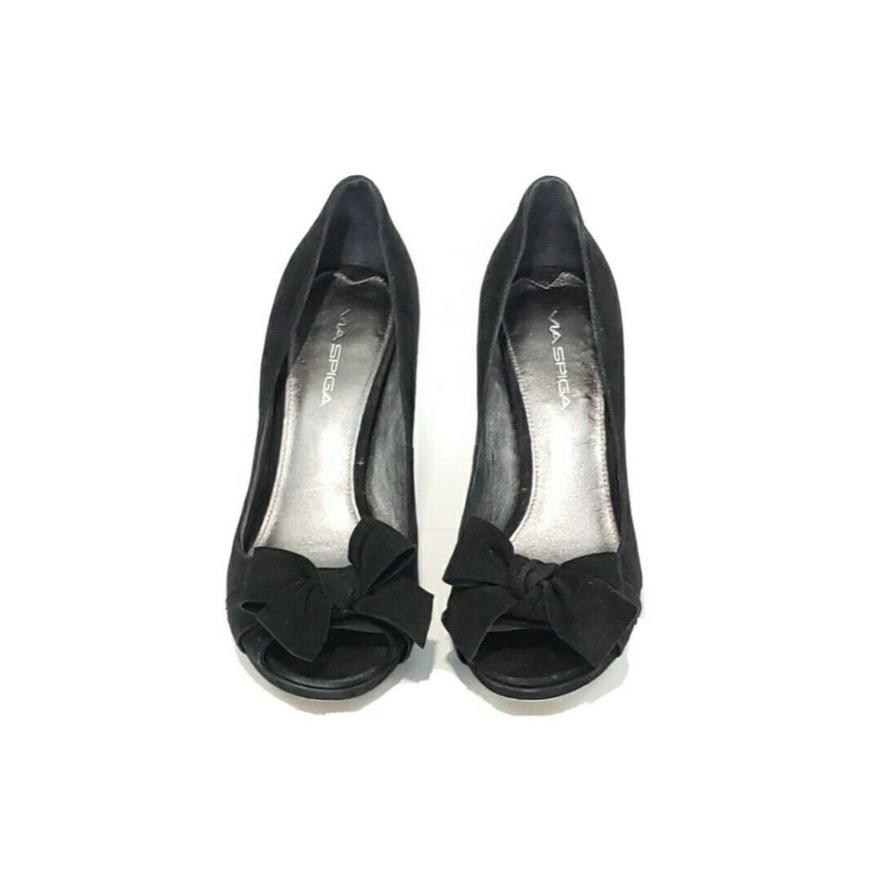 Via Spiga Pumps Heel Platform Peep Toe Bow Black Suede Womens US 7.5M
